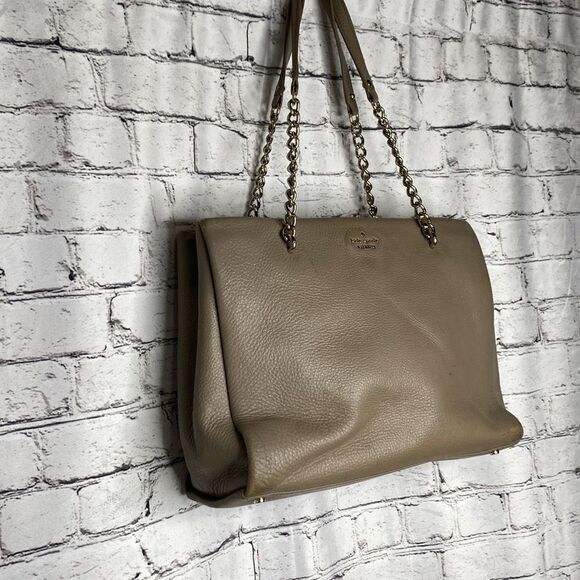 Kate Spade Chain and Leather Strap Magnetic Closure Gray Tan Tote Handbag Purse - Picture 5 of 16